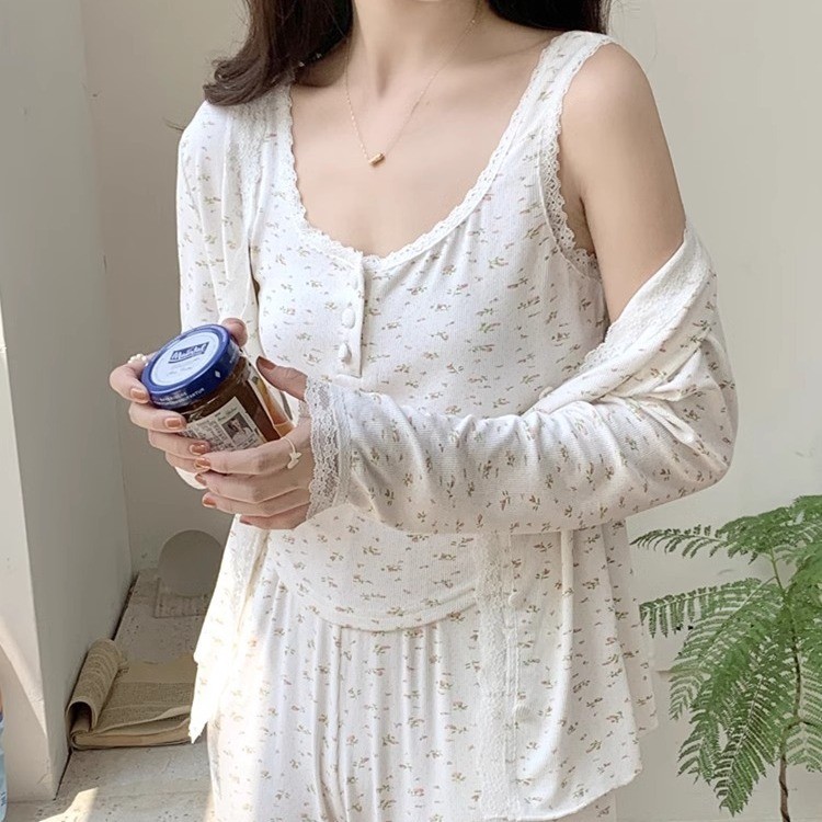 2.7-เป็นกิริยาช่วย สลิงชุดนอนสามชิ้นดอกไม้ลูกไม้คาร์ดิแกน ชุดลําลอง ฤดูใบไม้ผลิฤดูใบไม้ร่วงสูท