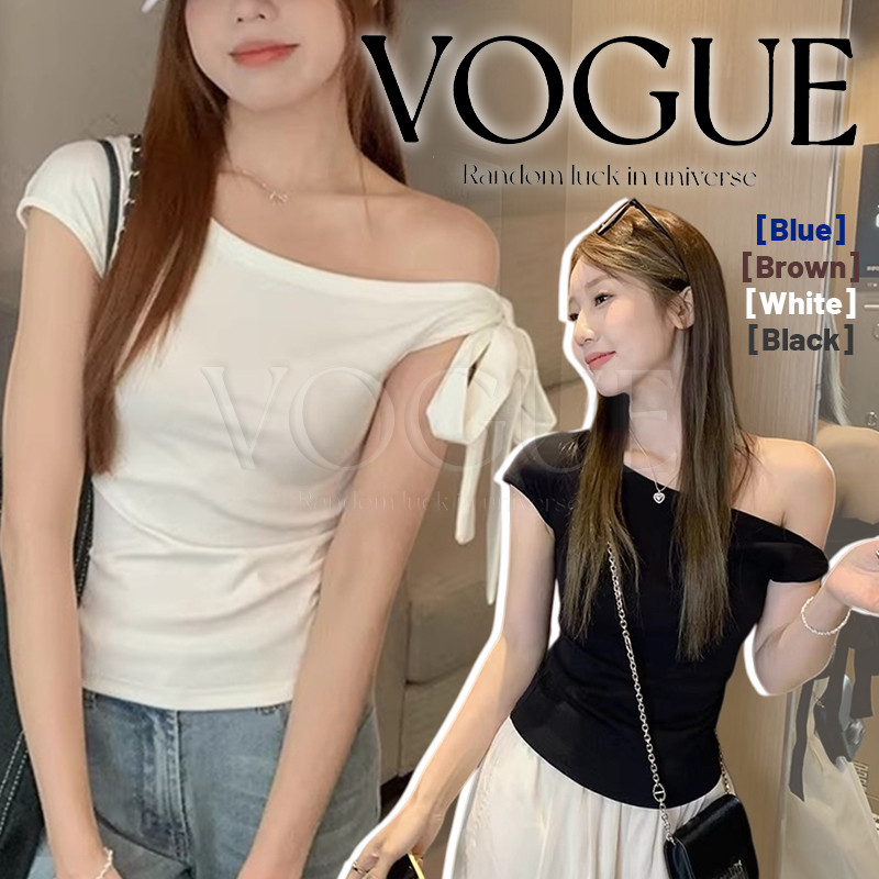 Vogue🌟พร้อมส่ง🌟 เสื้อยืดแขนกุด เปิดไหล่ ดีเทลผูกโบว์ สีพื้น ใส่ได้2แบบ มีฟองน้ำ (FY5179)