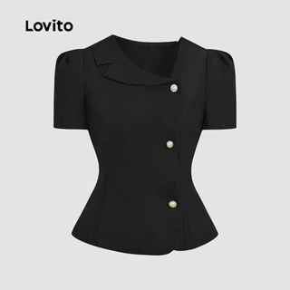 Lovito สง่างาม ปุ่มอสมมาตรด้านหน้าโลหะฤดูร้อนฤดูใบไม้ผลิเสื้อสีดําสําหรับผู้หญิง L135ED194