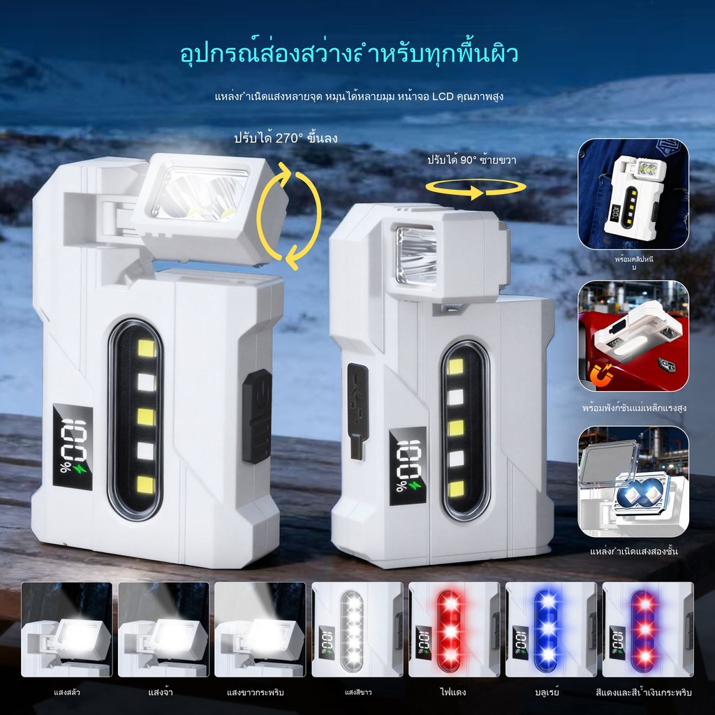 กลางแจ้งมัลติฟังก์ชั่ไฟฉายใหม่แม่เหล็กทํางานแสง ยูเอสบี ชาร์จจอแสดงผลดิจิตอลหลายมุมหมุนได้สีแดงและสีน้ําเงินปลุก