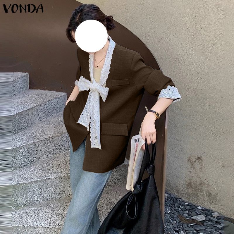 VONDA بليزر نسائي كوري بياقة V ودانتيل — صورة 6