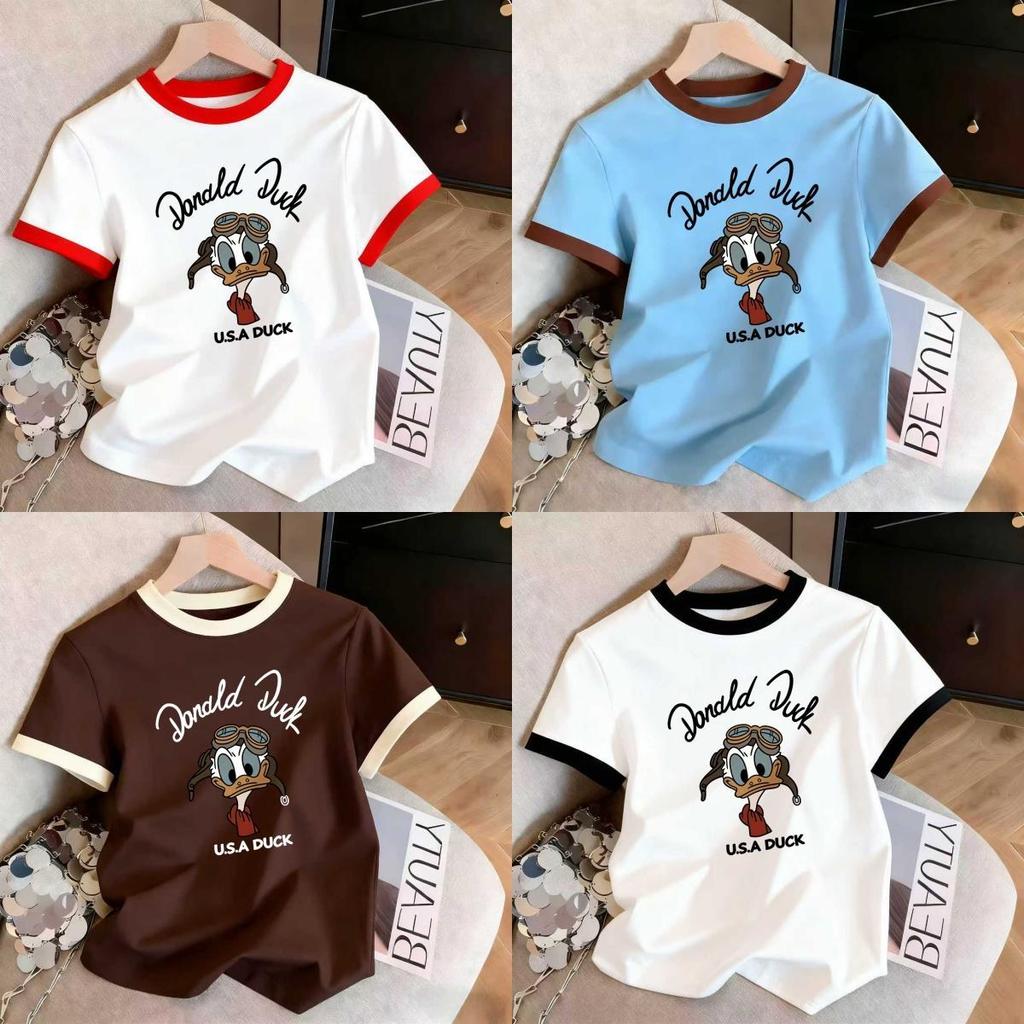 【COD】ใครใส่ก็น่ารัก! เสื้อยืดแขนสั้นพิมพ์ลายดอนัลด์ดั๊ก คอสีต่างกัน สำหรับสตรี แฟชั่นสบายใส่สบาย เสื้อที่ทำให้ดูผอมลง