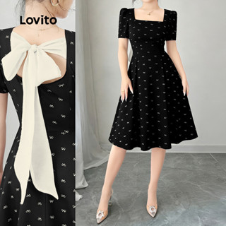 Lovito  เดรสสีดําผูกโบว์ด้านหลังสําหรับผู้หญิง L177ADD156