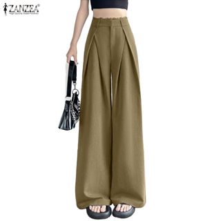 กางเกงขากว้างทรงยาวเต็ม สไตล์เกาหลี ดีไซน์เอวสูงพิมพ์ลายและร…