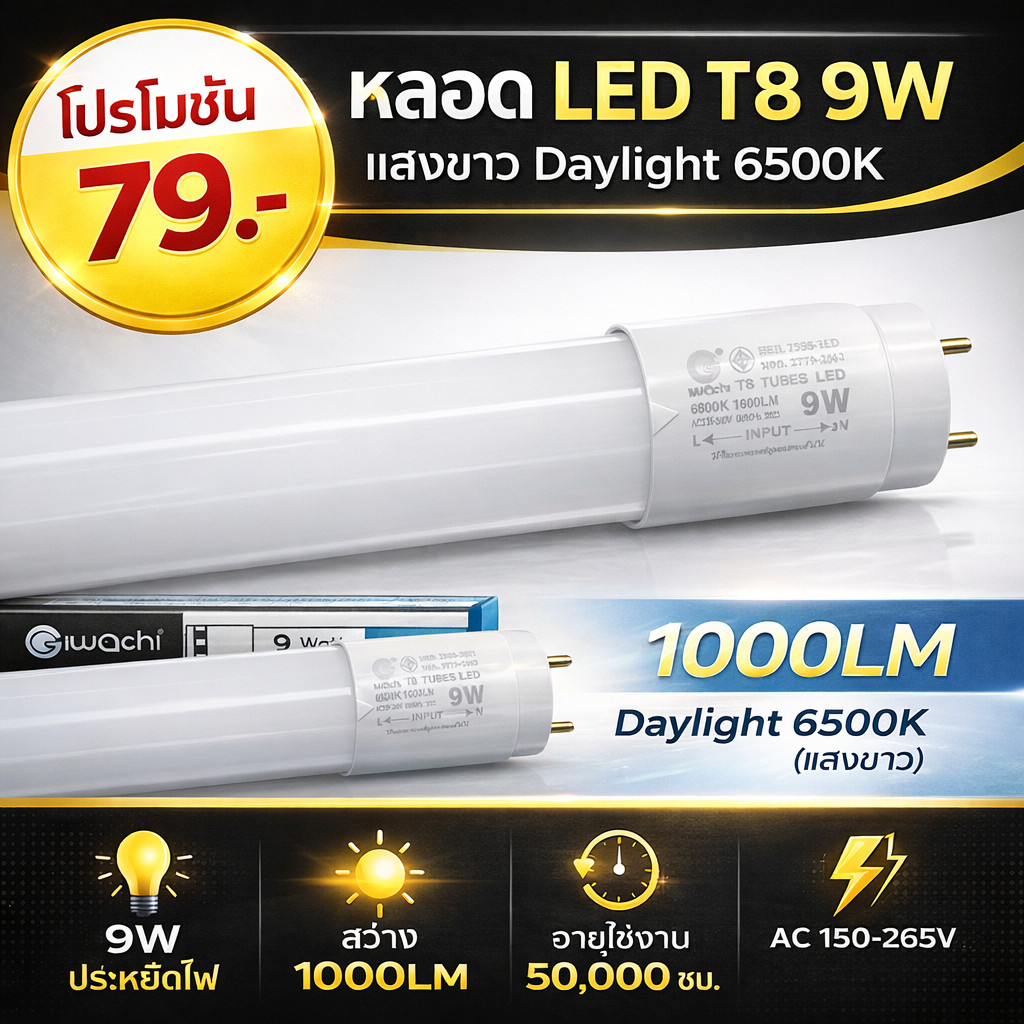 IWACHI หลอดนีออน LED T8 9W แสงขาว ความยาว 60CM สว่าง หลอดประหยัดไฟ เหมาะสำหรับ ห้องประชุม ห้องทำงาน