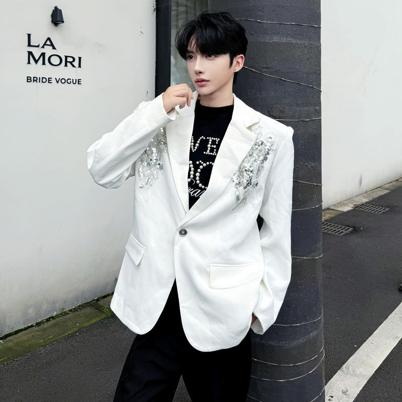 Robin [Black White Forest] Blazer 2 สีเกาหลีแฟชั่น Niche Sequins สามมิติปัก Blazer ผู้ชายรุ่นสวมใส่ห