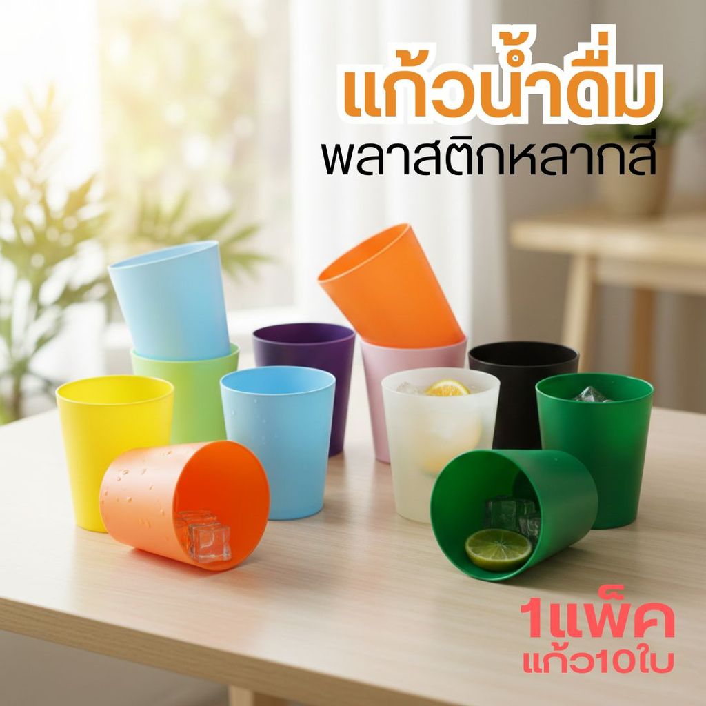 แก้วน้ำ แก้วน้ำดื่มพลาสติกหลากสี S1 (1 แพ็ค แก้ว 10 ใบ 21 สี)
