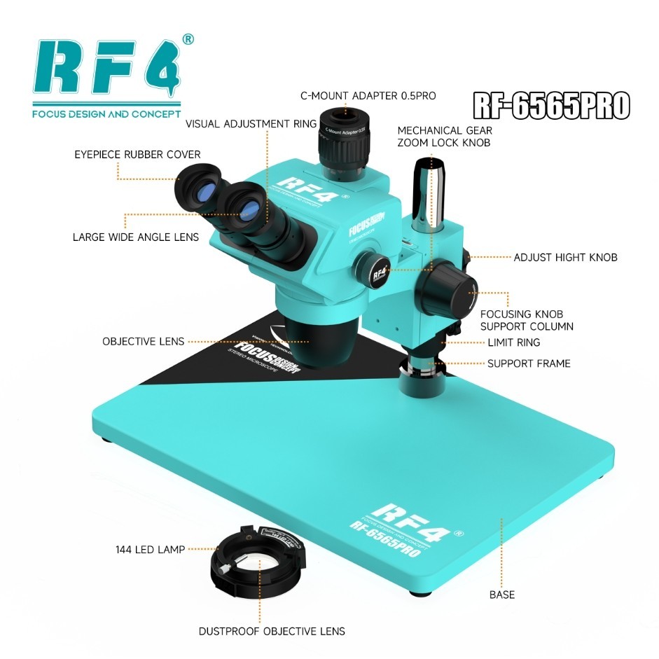 RF4 RF6565-PRO กล้องจุลทรรศน์สเตอริโอแบบสามตา ซูมซิงโครนัส 6.5-65X พร้อมฐานโลหะผสมอลูมิเนียม