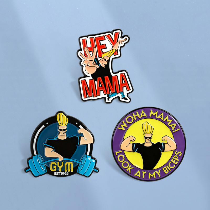 พินย้อนยุค 90s Johnny Bravo ตรายาง GYM ก่อตั้งปี 1995 เข็มกลัดโลหะสำหรับกระเป๋าเป้ เป็นของขวัญให้เพื่อน