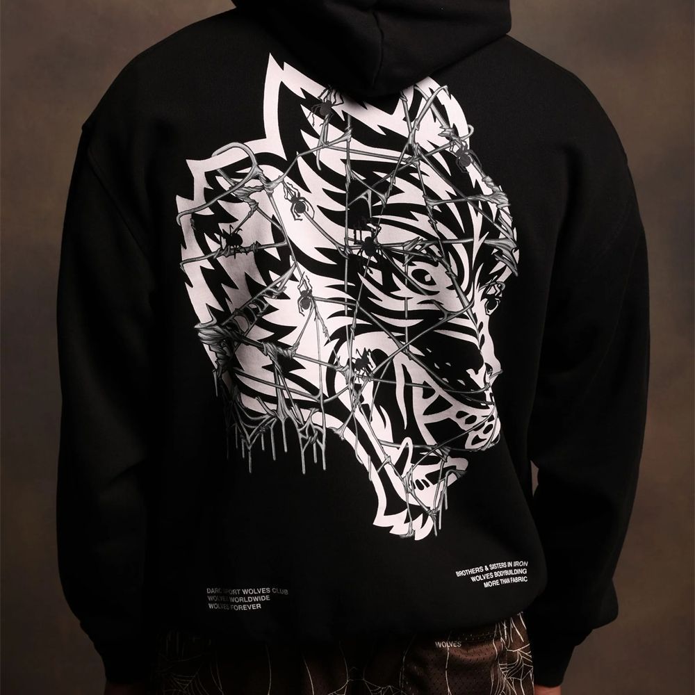 DARCSPORT เสื้อสเวตเตอร์มีฮู้ดผู้ชาย All-Match Wolf Head Street Wear Black Letter American Top Cloth