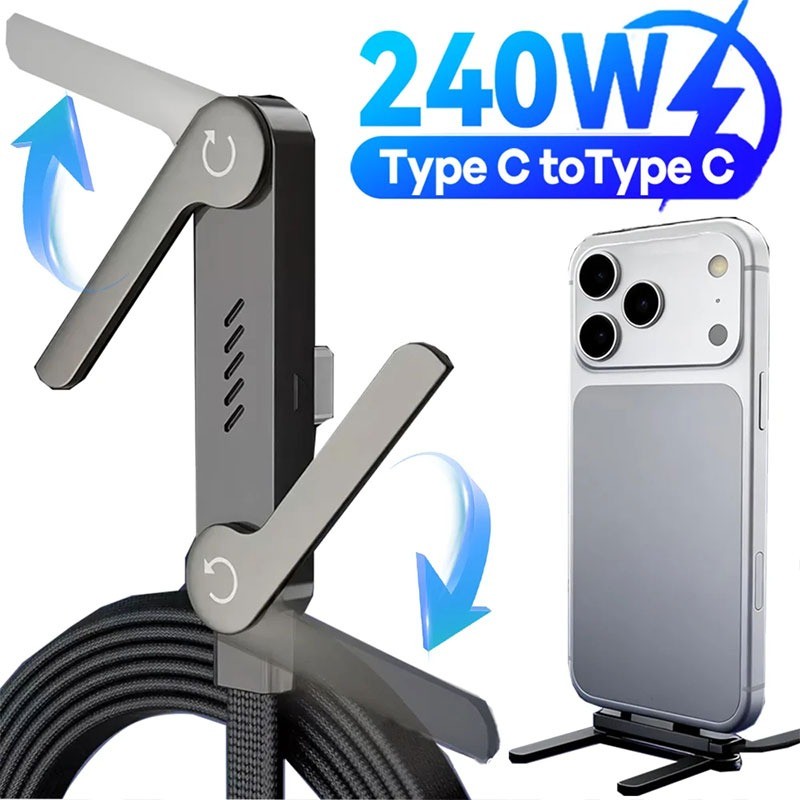 240W สายชาร์จเร็วแบบถักพร้อมขาตั้งโทรศัพท์ในตัว / 2-in-1 สายเคเบิลข้อมูล Type C คู่ สำหรับชาร์จโทรศัพท์