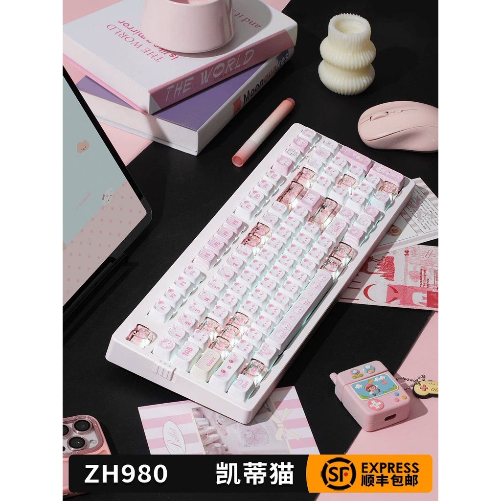 ZH980 Hello Kitty คีย์บอร์ดแบบกลไกแบบมีสายบลูทูธเกมเล่นเกมที่กําหนดเองสํานักงานแกนเงียบหญิง
