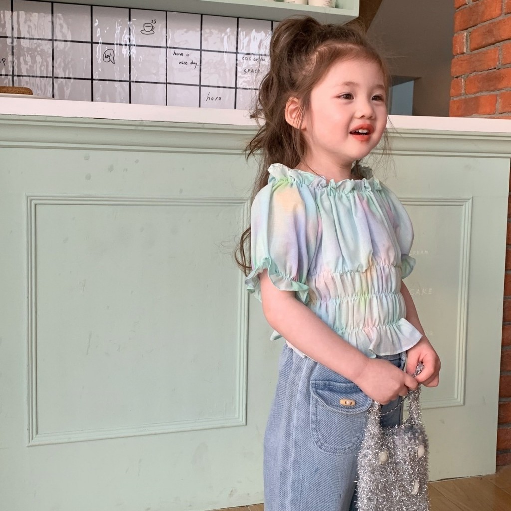 Theioioio เสื้อยืดเด็ก ผ้าคอตตอน 100% ดีไซน์สม็อกรอบตัว สีสันพาสเทลสดใส สำหรับเด็ก 2-6 ปี TLA30147