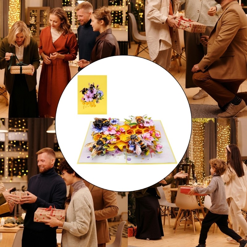 การ์ดอวยพร 3D Popup Bees Hive พร้อมซองจดหมายสําหรับวันหยุดแฮนด์เมดวันเกิด
