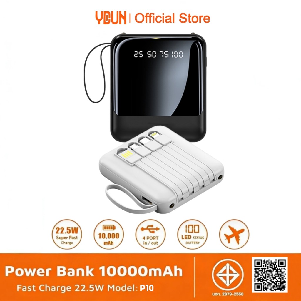 YDUN มี CCC Powerbank P10 10000mAh มีสายในตัว4สาย FastCharging 2.4A พาวเวอร์แบงค์ Power bank