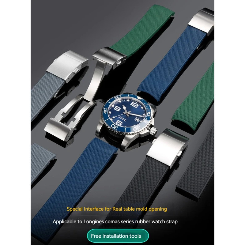 21 มม.คุณภาพสูงยางซิลิโคนสําหรับ Longines hydrconquest L3 Conquest กีฬาดําน้ําสายนาฬิกาสีดําสีฟ้าสีเ