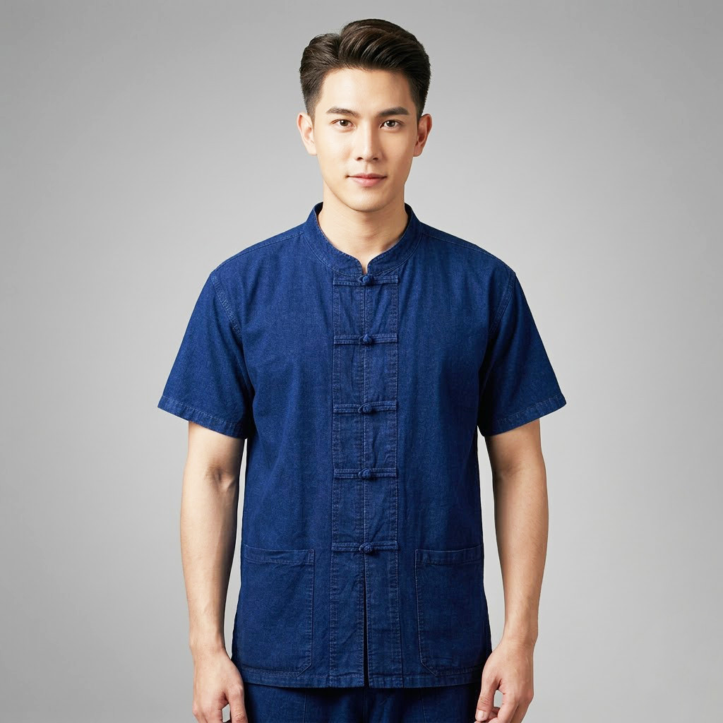 MEN-07 ม่อฮ่อมคอจีน กระดุมจีน แขนสั้น