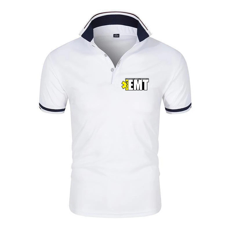 EMT นักเทคนิคการแพทย์ฉุกเฉิน เจ้าหน้าที่กู้ภัย เสื้อโปโลแฟชั่นใหม่สำหรับผู้ชาย คอปกพับ แขนสั้น ทรงเข