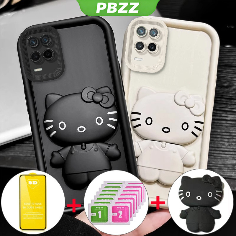 PBZZ เคสสำหรับ Realme 8 pro, realme 8 4g, realme 8 5g เคสโทรศัพท์แบบนุ่มซิลิโคนกันกระแทก ดีไซน์ใหม่สวยงามการ์ตูนแมวกระจกพร้อมที่วางและฟิล์มนุ่ม JTMKTM01