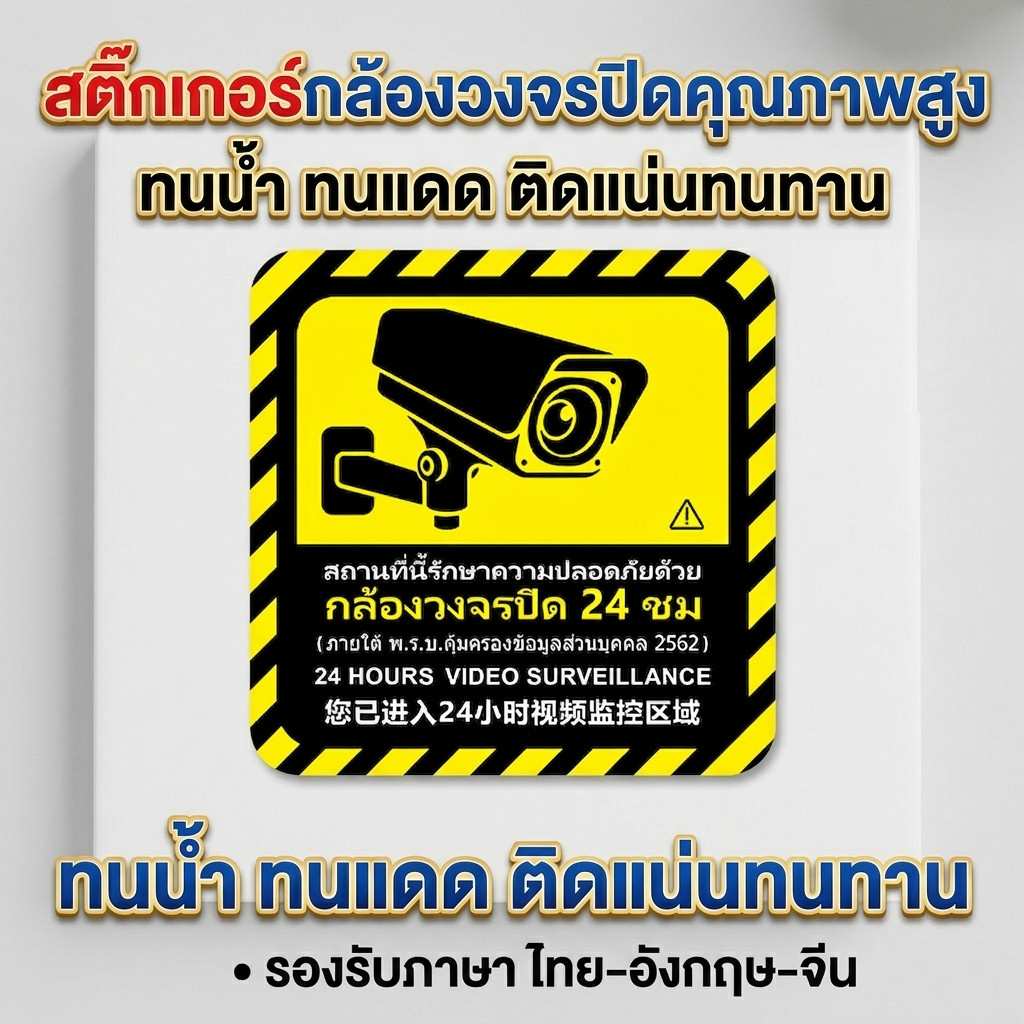 สต็อกในไทย สติ๊กเกอร์ป้ายเตือน กล้องวงจรปิด CCTV บันทึกภาพและวิดีโอ 24 ชม. วัสดุ PVC คุณภาพสูง กันน้ำ 100%