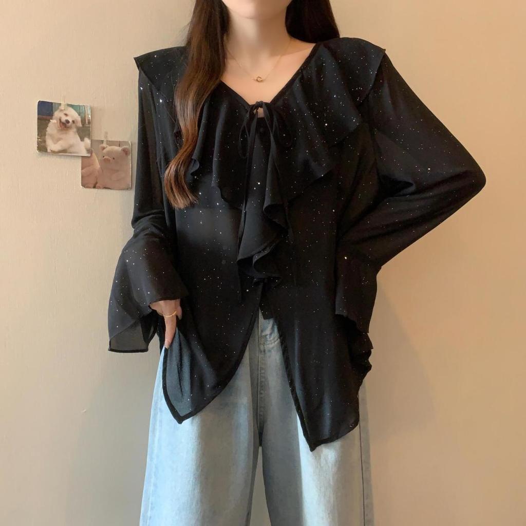 คอปกลดปกใหญ่แฟชั่นเลื่อมแขนยาว cod ไขมันของผู้หญิงฤดูใบไม้ผลิฤดูใบไม้ร่วงเสื้อ v-Age Niche สไตล์แสดง