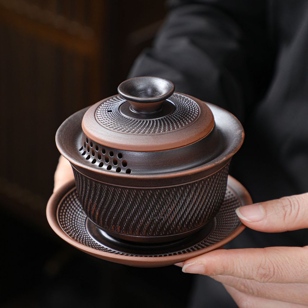 เครื่องปั้นดินเผาสีม่วง Sancai Gaiwan ชามชาสไตล์จีนใหม่ชุดน้ําชาระดับไฮเอนด์ถ้วยชาในครัวเรือน