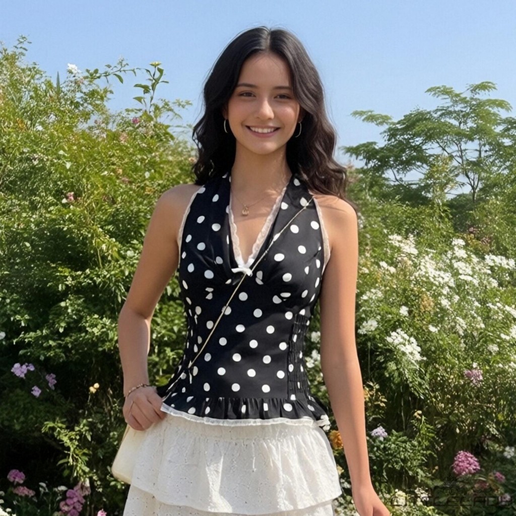 LTL-ผู้หญิง Halter คอแขนกุดเปิดกลับ Dot พิมพ์ Bow Decor ฤดูร้อน Tank Tops