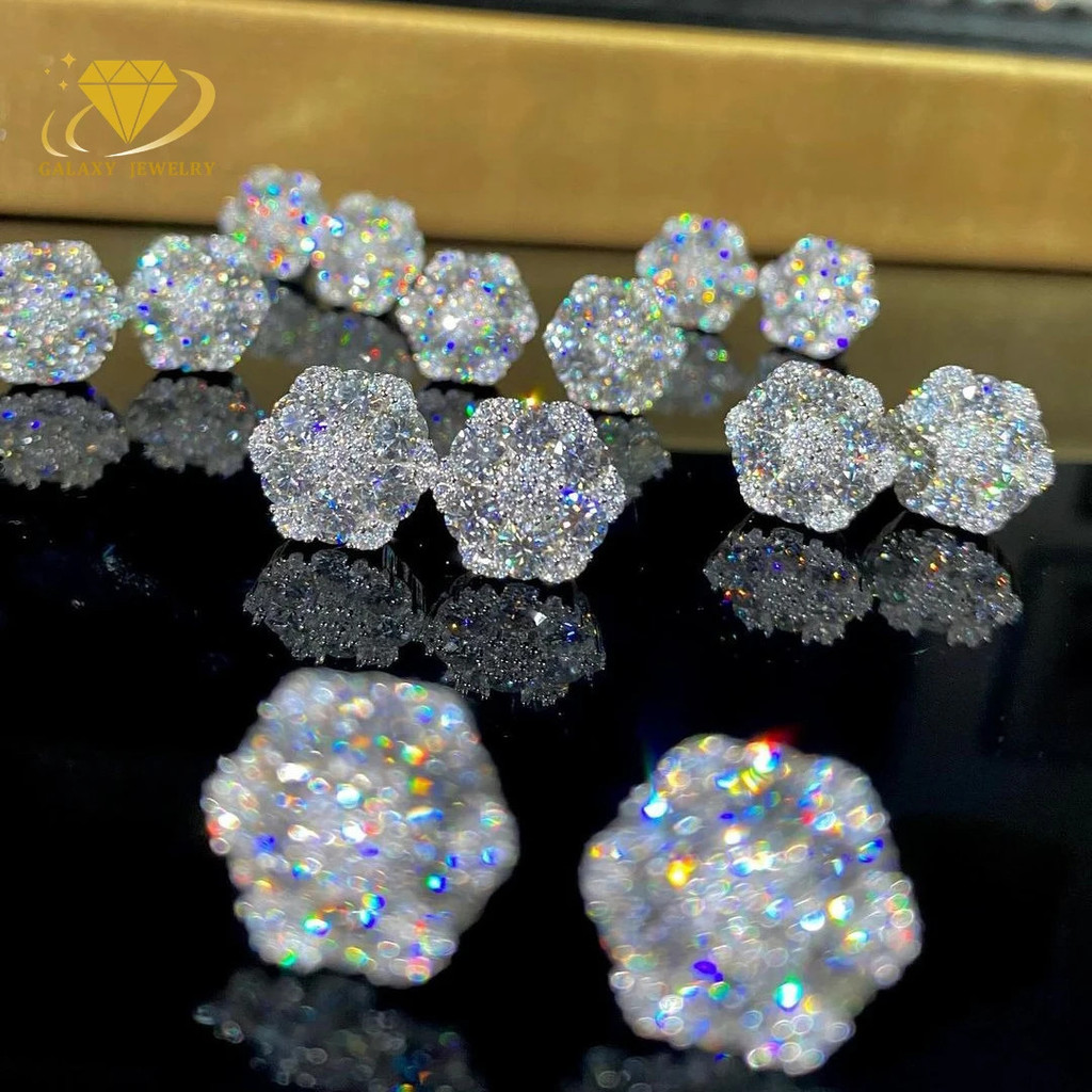 Hotsale Iced Out Hiphop ต่างหูเพชรเงิน 925 Vvs Moissanite ต่างหูสตั๊ด Iced Out Cluster ดอกไม้สตั๊ดต่
