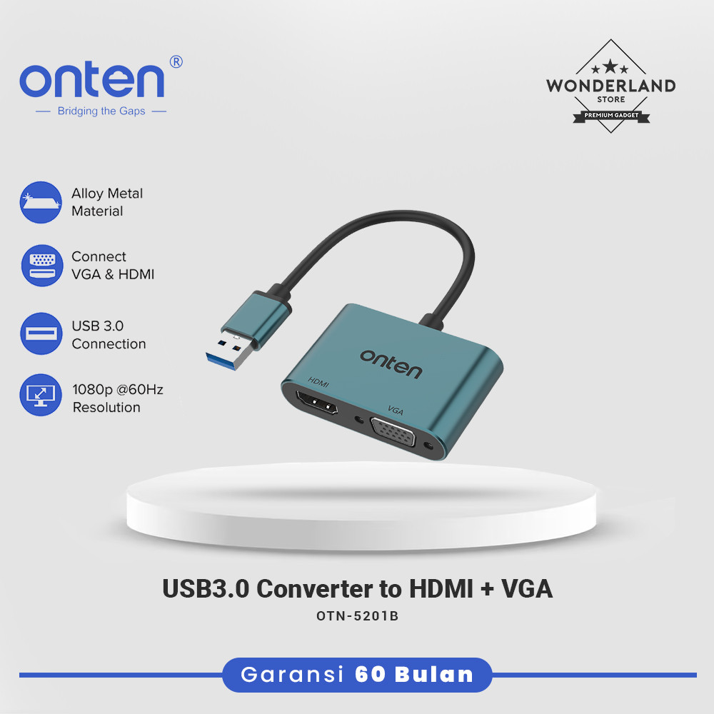 Onten USB3.0 Converter HUB 2in1 ถึง HDM+VGA Dual Audio Port OTN-5201B