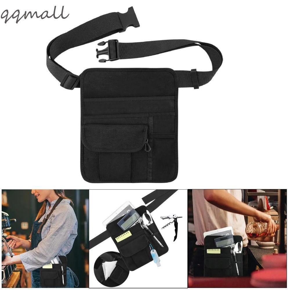Qqmall บริกรเอวหลายช่อง พร้อมเข็มขัดปรับได้ ผ้ากันเปื้อนผ้าใบน้ําหนักเบา สําหรับร้านอาหาร บาร์ คาเฟ่