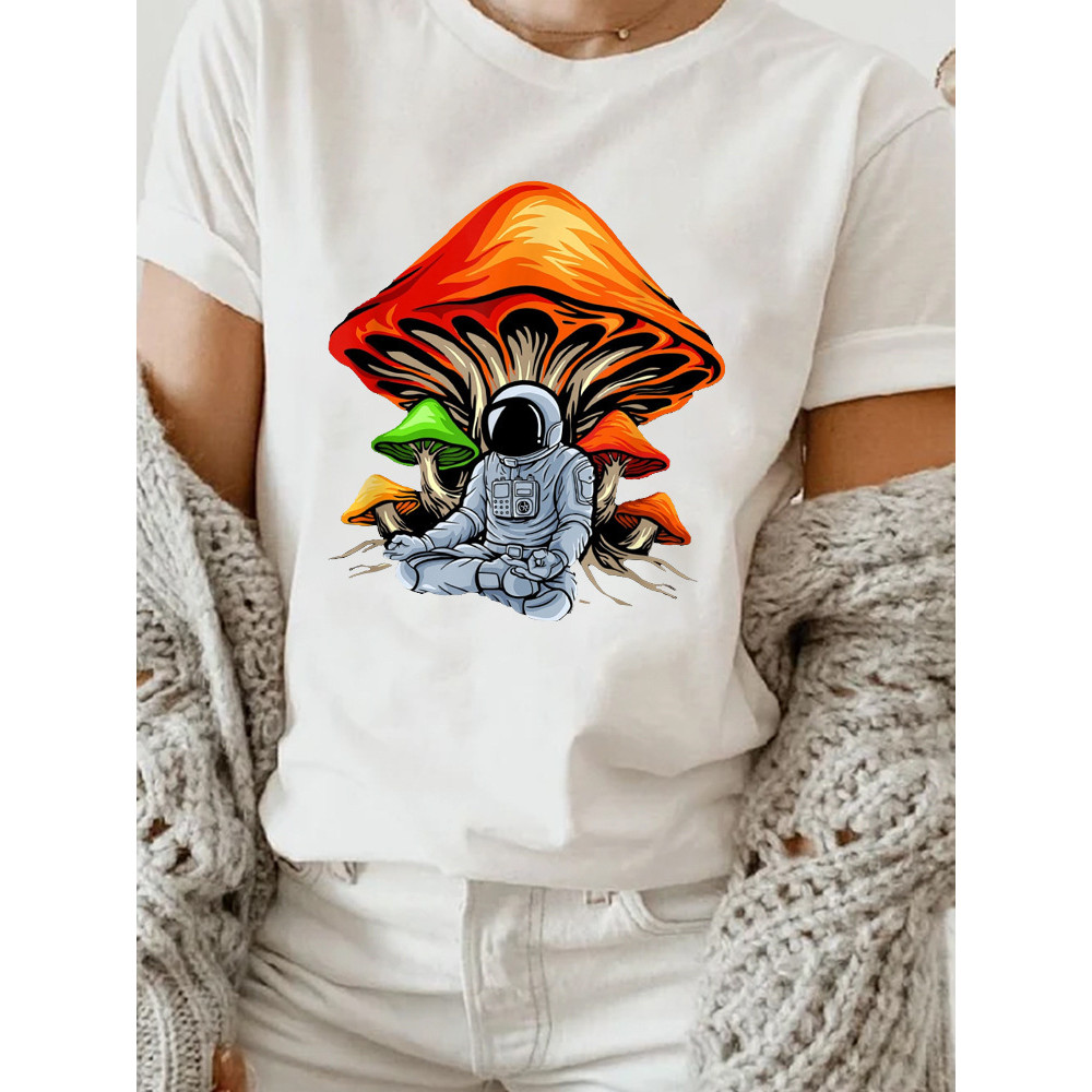 แขนสั้นเสื้อสบายยุโรปผู้หญิงอเมริกันเห็ดดวงจันทร์เกาหลียอดนิยมรอบคอผู้หญิงTพิมพ์Twแขนสั้นการค้าต่างป