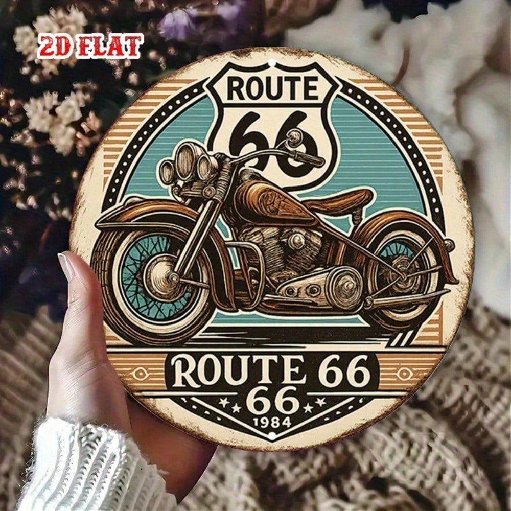 HELLOYOUNG ป้ายผนังทรงกลมโลหะวินเทจ Retro Motorcycle Garage Decor Route 66