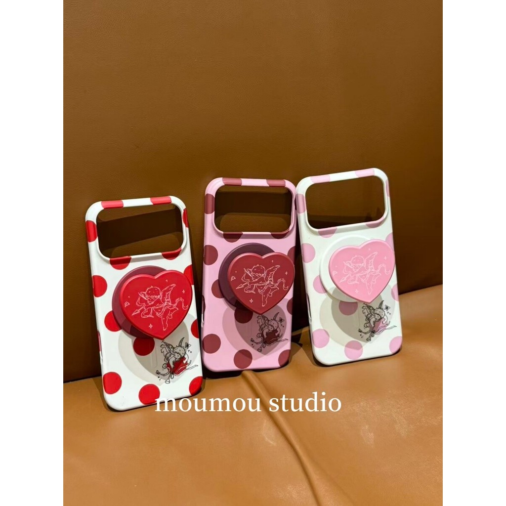 เคสน่ารักเลเซอร์เชอร์รี่กระจกแม่เหล็กขาตั้งกันชนสีดําคลุมทั้งหมดกันกระแทกป้องกันกล้องสําหรับ iPhone 17 Pro Max 16 Pro 15 14 Pro