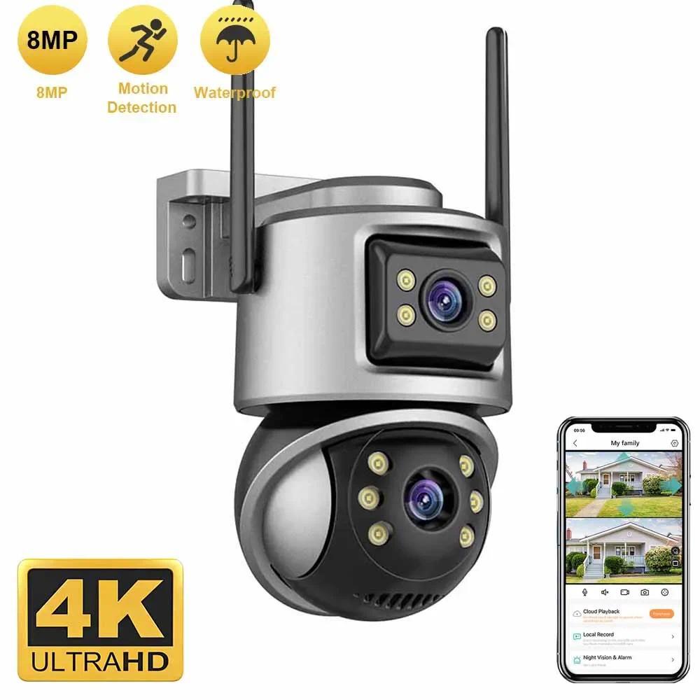 T-8MP 4K PTZ Wifi กล้อง Dual เลนส์ Dual หน้าจอ AI Human Detection กล้องวงจรปิดไร้สายกลางแจ้ง Securit