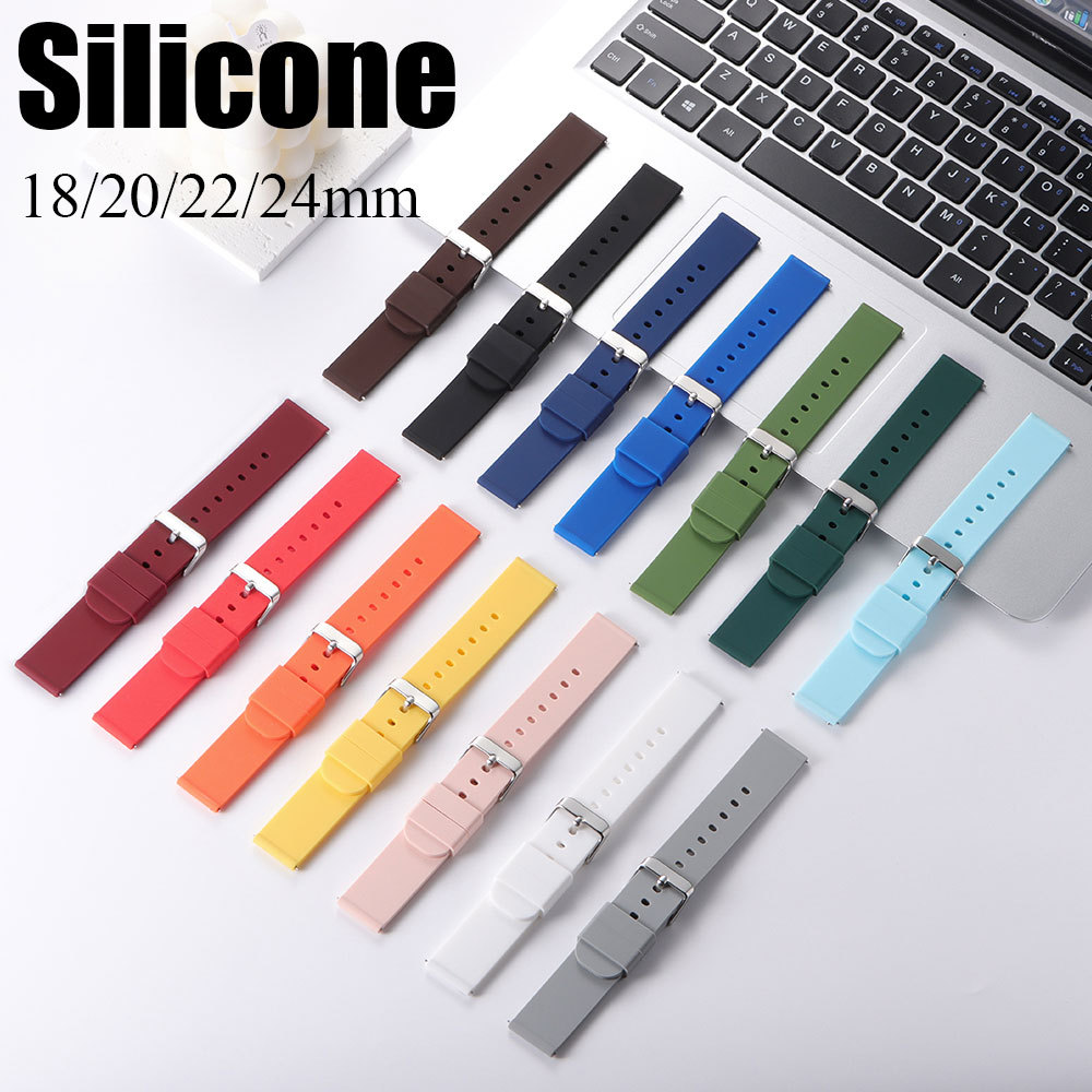 ซิลิโคนด่วนที่วางจําหน่ายสายนาฬิกา18/20/22/24มิลลิเมตรสีทึบที่เรียบง่ายสากลสายนาฬิกาผู้ชายผู้หญิงสแตนเลสหัวเข็มขัดโลหะ