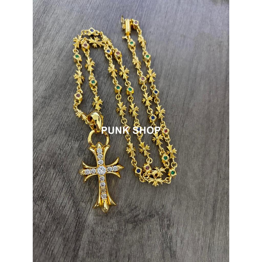CH สร้อยคอไม้กางเขนทองคำ 22K เพชรหลากสี 0156