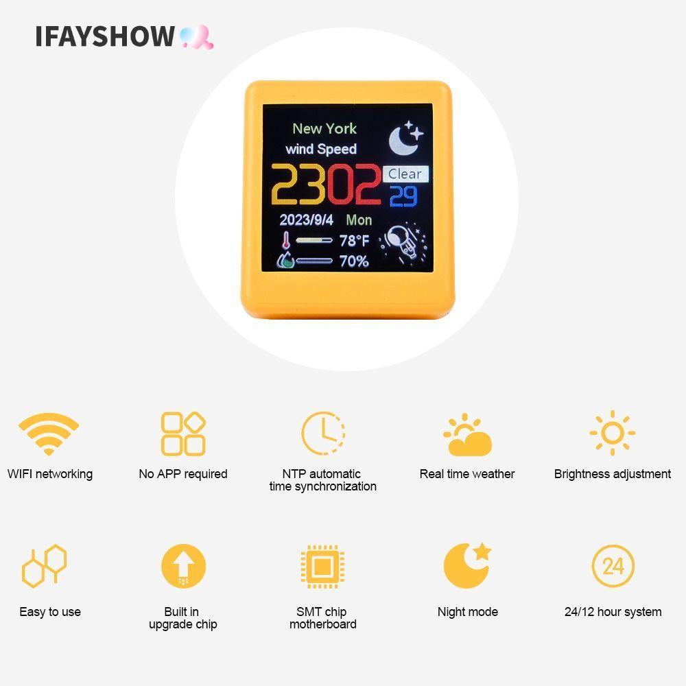 IFAYSHOW สมาร์ท 4.5x4x3 ซม.นาฬิกา, WiFi เต็มหน้าจอ Gif Animation สถานีพยากรณ์อากาศ,พลาสติกสร้างสรรค์ USB ชาร์จ Lectronic อัลบั้มมินินาฬิกาตั้งโต๊ะบ้าน