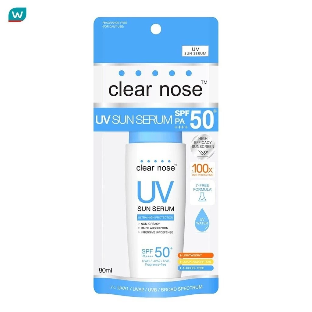 Clear Nose UV Sun Serum SPF50+PA+++++80ML (ปกป้องผิวคล้ํา จุดด่างดําและริ้วรอย กระชับรูขุมขน ควบคุมความมัน ลดสิว เหมาะสําหรับผิวแพ้ง่าย)