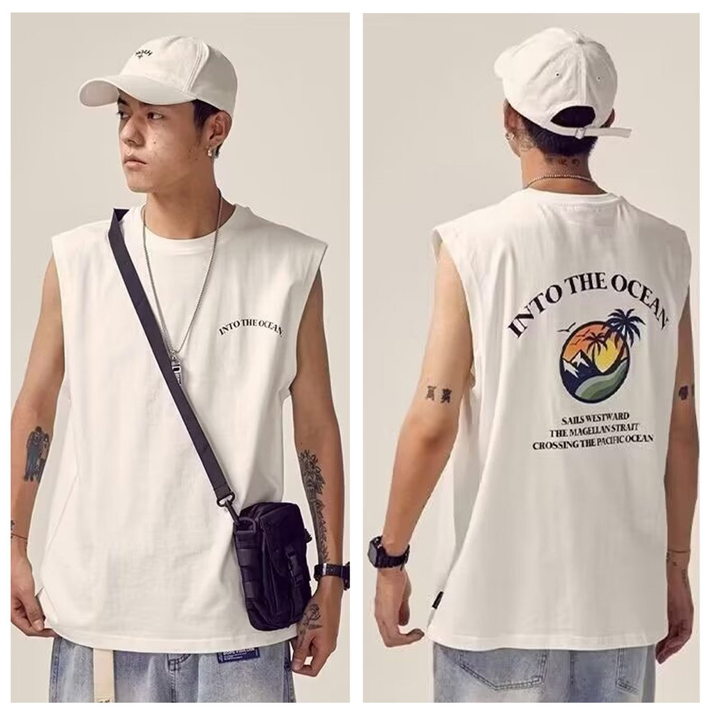 COD🌟เสื้อเชิ้ตแขนกุดผ้าฝ้ายสำหรับผู้ชาย สไตล์แฟชั่นสปอร์ต shoulder vest เสื้อแขนกุด สกรีนลายชายหาด เสื้อยืดชาย