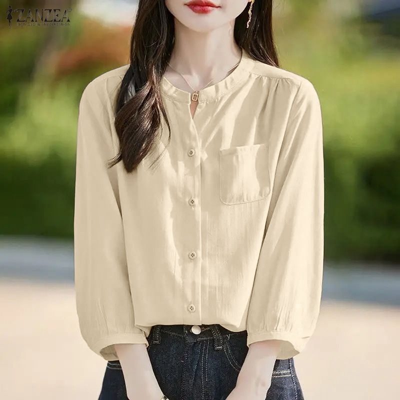 ZANZEA เสื้อผ้าแฟชั่นเกาหลีสำหรับผู้หญิง ออกแบบมาสำหรับต้นฤดูใบไม้ผลิ ทรงคอกลม แขนสาม_quarter สไตล์เสื้อปักกระดุมแถวเดียวสีทึบ — صورة 5