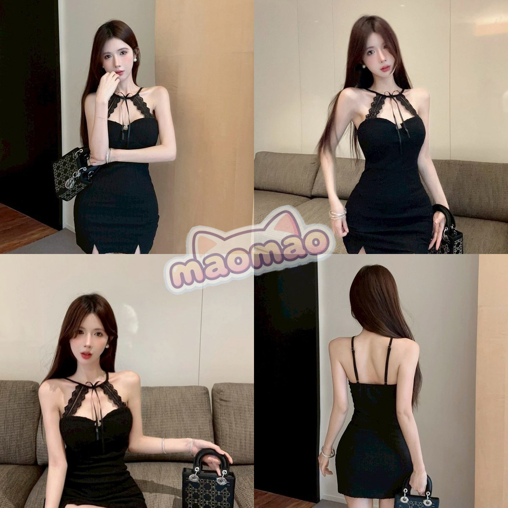 Maomao​ พร้อมส่ง เดรสสายเดี่ยวลูกไม้สีดำ เซ็กซี่หลังเปิด แฟชั่นเดรสดำสไตล์ฝรั่งเศส【FY2831】