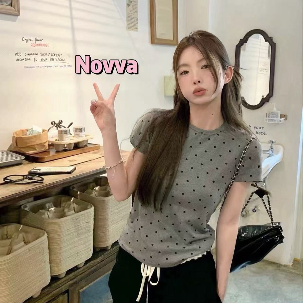 พร้อมส่งในไทย เรียบง่าย สไตล์เกาหลี เสื้อเชิ้ตแขนสั้นลายจุดผู้หญิง🍄Novva