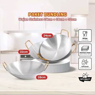 COD Wajan Stainless Steel 20cm-32cm Anti Lengket - Lapisan Batu Medis & Gagang Kayu Ergonomis - Kuali Premium