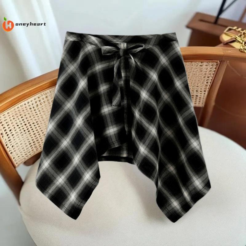 <HoneyHeart> Hip Hop ไม่สม่ําเสมอผู้ชายและผู้หญิงปลอมเสื้อ Hem กระโปรงลายสก๊อต Y2k Streetwear Haraju