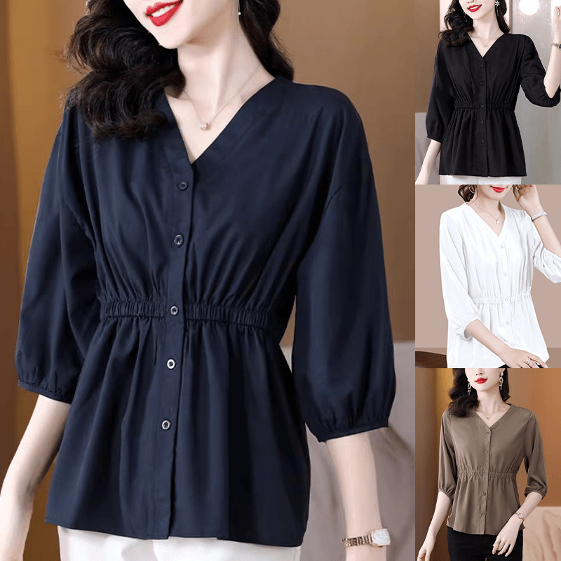 W683 เสื้อชีฟองแขนสามส่วนทรงหลวมแบบใหม่สำหรับผู้หญิง ดีไซน์เข้ารูปเอว เหมาะสำหรับใส่ในฤดูใบไม้ผลิและฤดูร้อน
