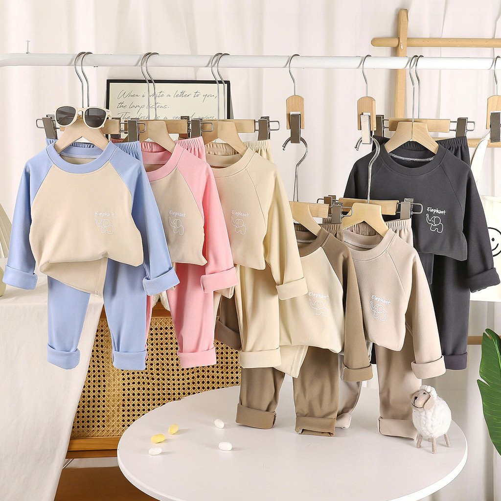 (6m-15Yrs) Plush Dralon ชุดนอนเด็ก - แขนยาวคอจําลองด้านบนและกางเกงสําหรับ Cool Weather, Cozy Homewea