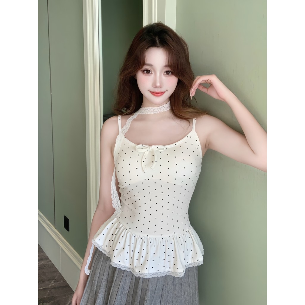 SuSu เสื้อสายเดี่ยวลายจุดสไตล์เกาหลี ดีไซน์กระโปรงไม่มีแขน มีฟองน้ำในตัว หลากสี FY5554-0 - รูปที่ 2