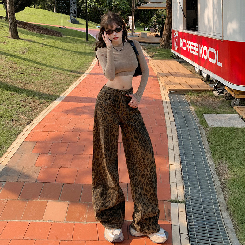 กางเกงยีนส์สไตล์อเมริกันเอวสูง แบบขากว้างสลิมฟิต ลายเสือดArsenicสีน้ำตาล