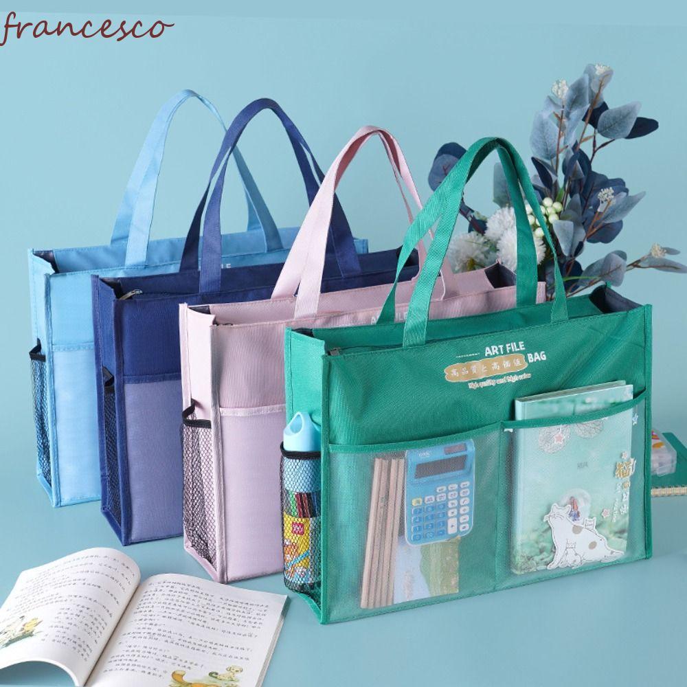 FRANCESCO กระเป๋าซิป, A3 Creative Document Book Bag,ผ้าใบน้ําหนักเบากันน้ําพร้อมที่จับ Multi-layer F