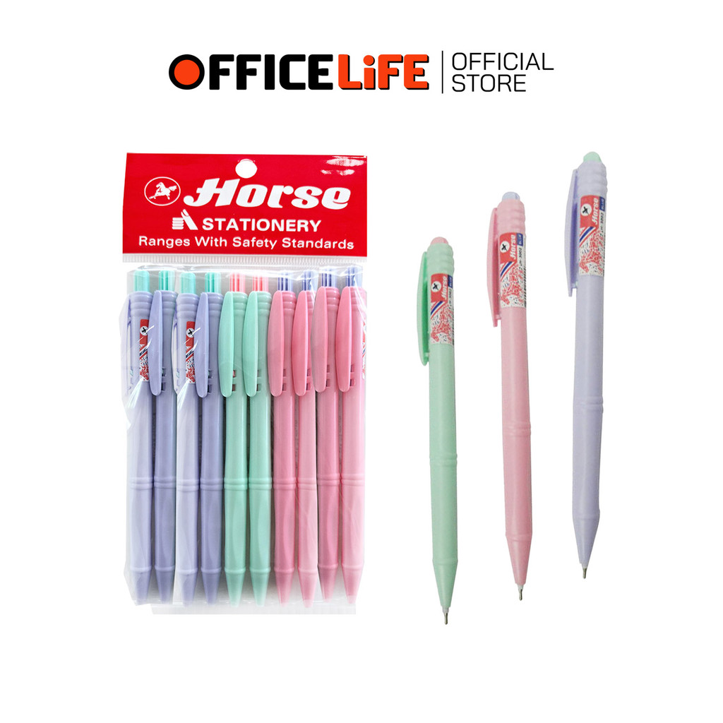 HORSE (ตราม้า) ปากกาลูกลื่น แบบกด 0.7 มม. รุ่น H-3002 สีพลาสเทล หมึกน้ำเงิน คละสีด้าม ( แพ็ค 10 ด้าม